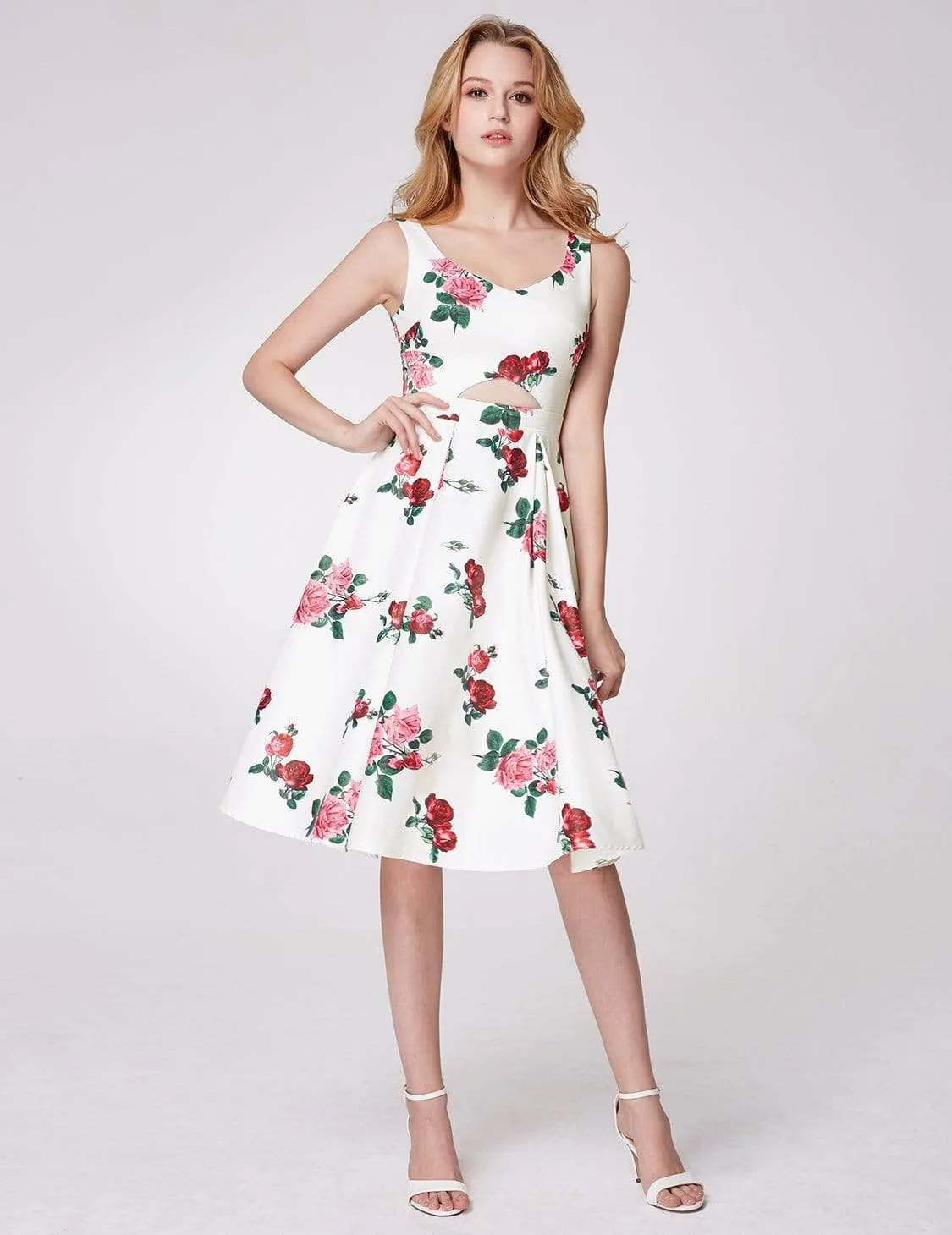 Knee Length Rose Print Party Dress