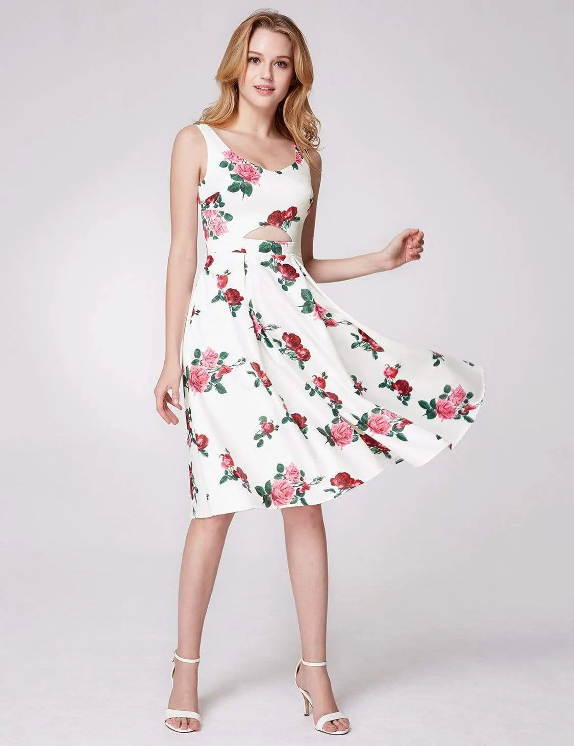 Knee Length Rose Print Party Dress