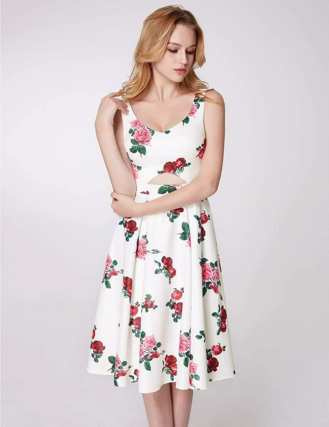 Knee Length Rose Print Party Dress