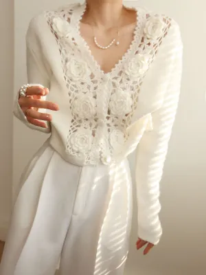 Knit Floral Crocheted Trendy Hollow V-neck Cardigan