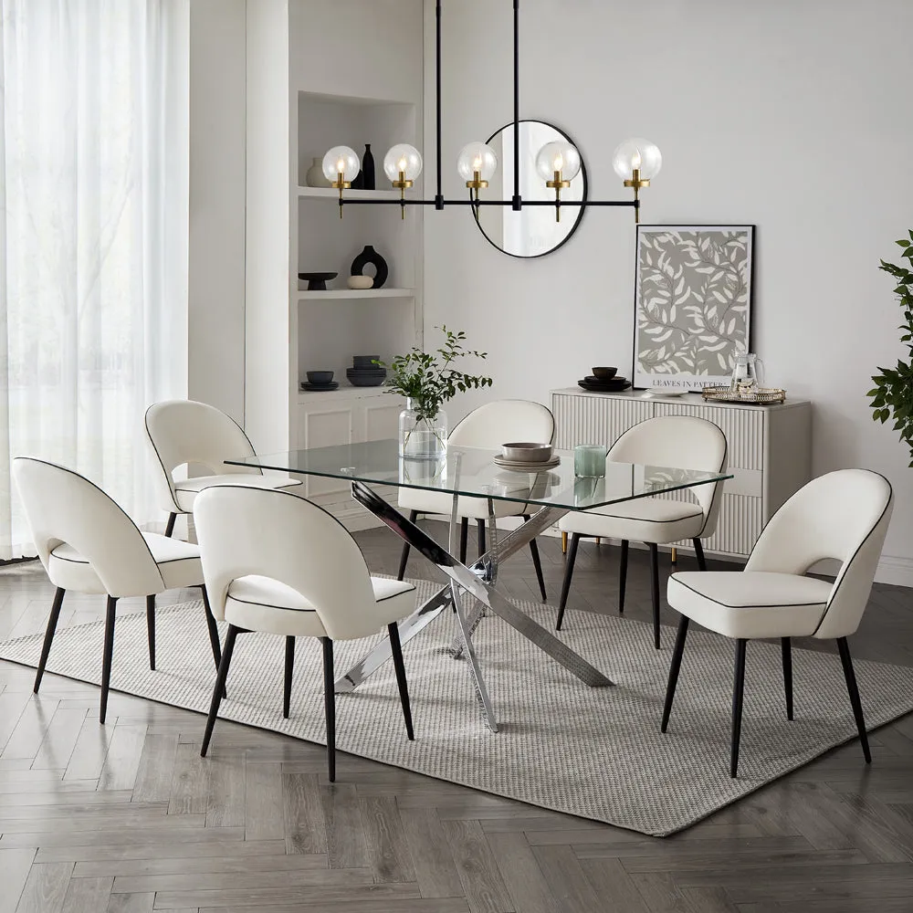 Lucia Rectangular Glass Dining Table & 6 Tiago Chairs, Ivory Velvet