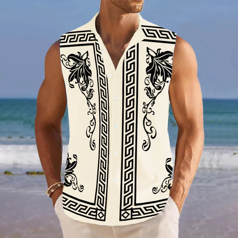 Men's Breathable Linen Lapel Beach Sleeveless Shirt 31607271YM