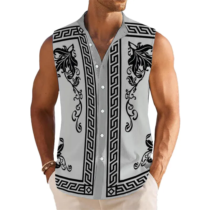 Men's Breathable Linen Lapel Beach Sleeveless Shirt 31607271YM