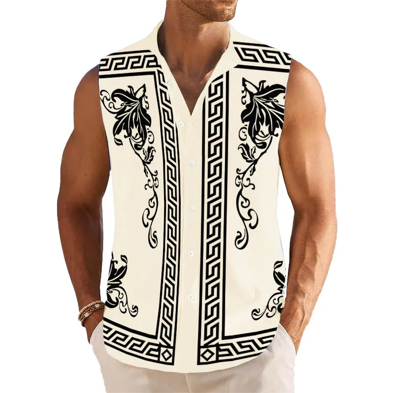 Men's Breathable Linen Lapel Beach Sleeveless Shirt 31607271YM