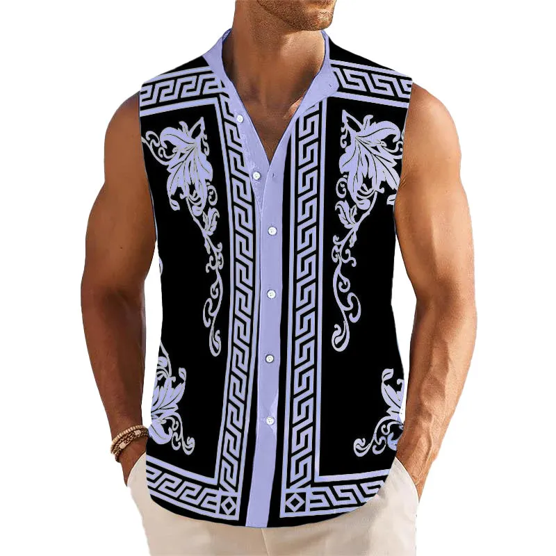 Men's Breathable Linen Lapel Beach Sleeveless Shirt 31607271YM