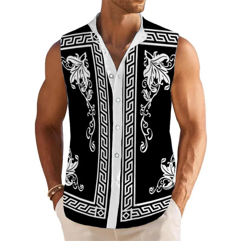 Men's Breathable Linen Lapel Beach Sleeveless Shirt 31607271YM