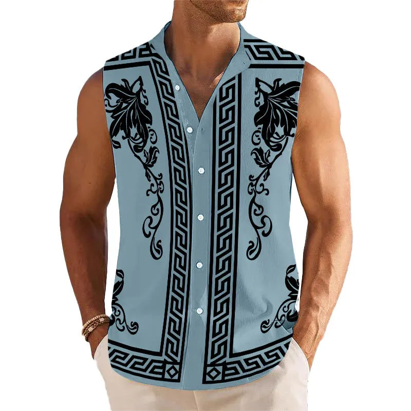 Men's Breathable Linen Lapel Beach Sleeveless Shirt 31607271YM