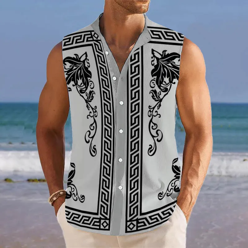 Men's Breathable Linen Lapel Beach Sleeveless Shirt 31607271YM