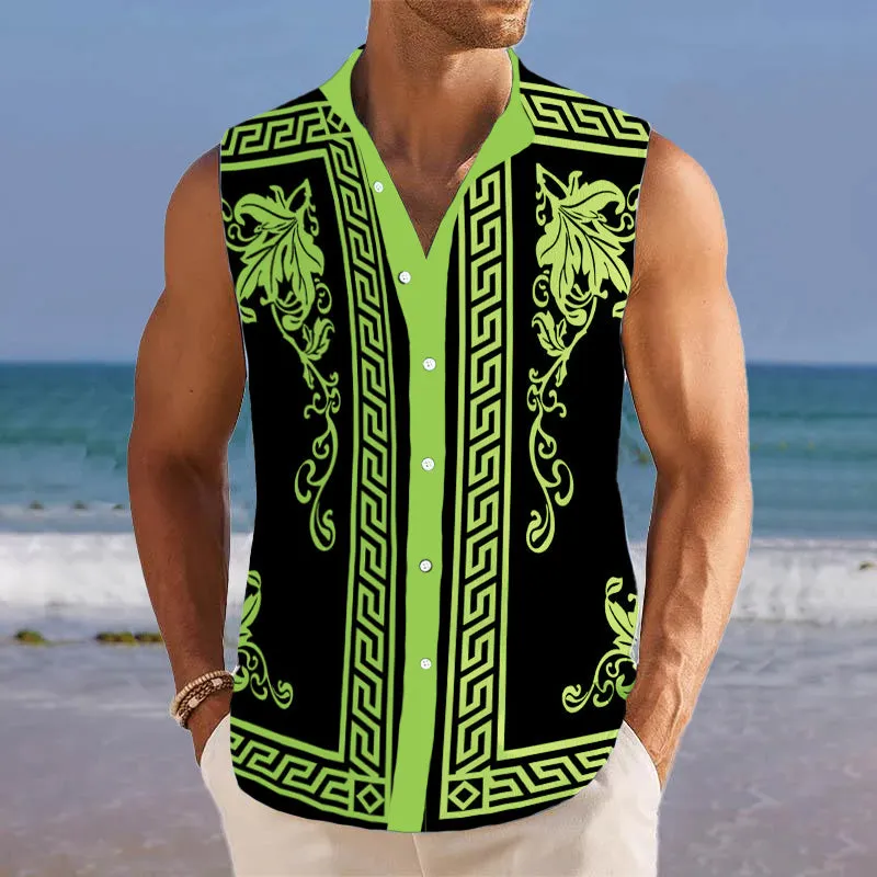 Men's Breathable Linen Lapel Beach Sleeveless Shirt 31607271YM