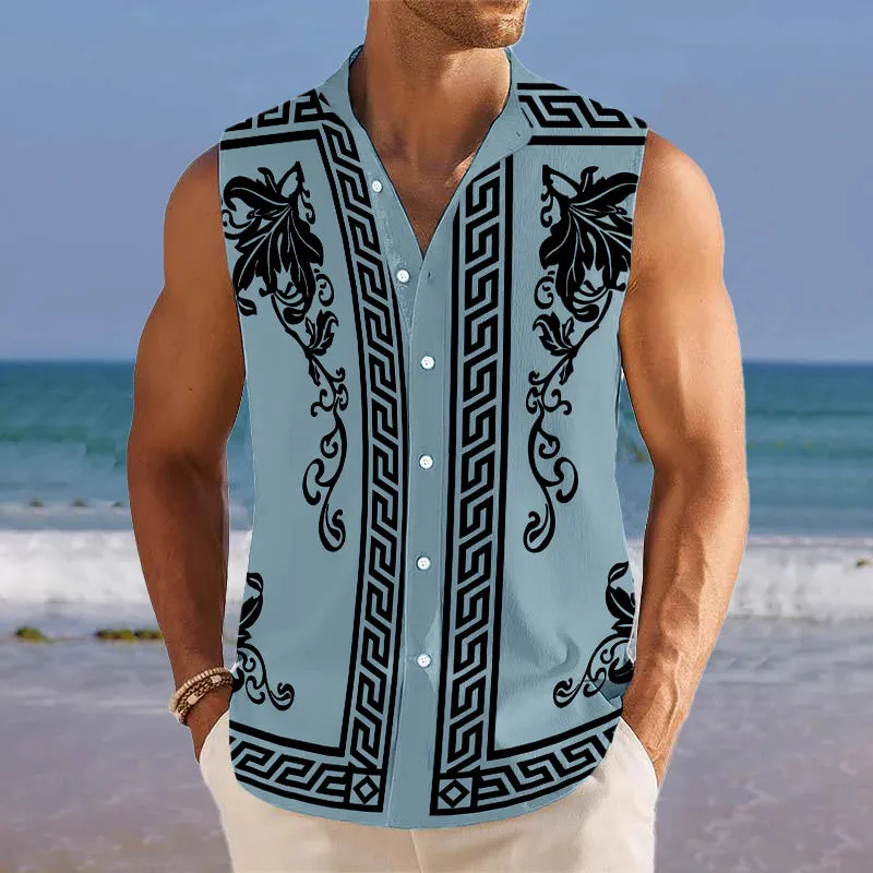 Men's Breathable Linen Lapel Beach Sleeveless Shirt 31607271YM