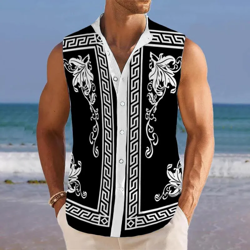 Men's Breathable Linen Lapel Beach Sleeveless Shirt 31607271YM