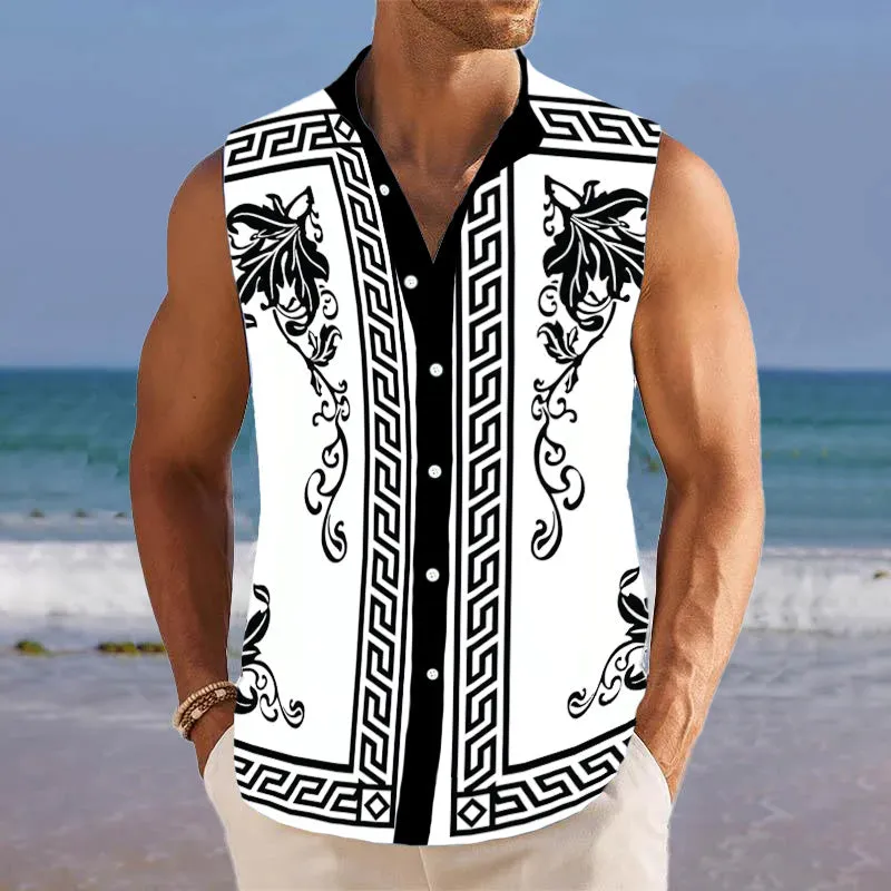 Men's Breathable Linen Lapel Beach Sleeveless Shirt 31607271YM