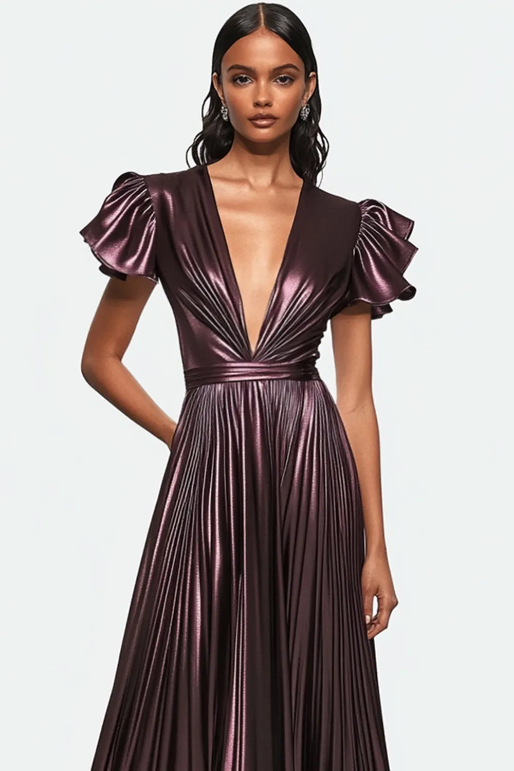 Metallic Pleated V Neck Dusty Purple Formal Dress with Short Ruffle Sleeves