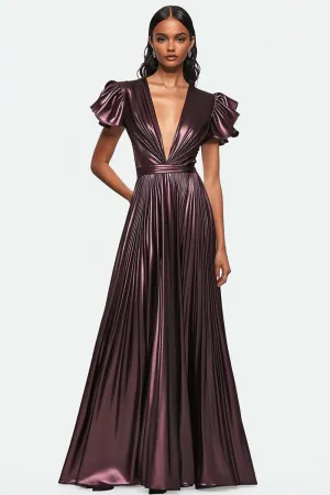 Metallic Pleated V Neck Dusty Purple Formal Dress with Short Ruffle Sleeves