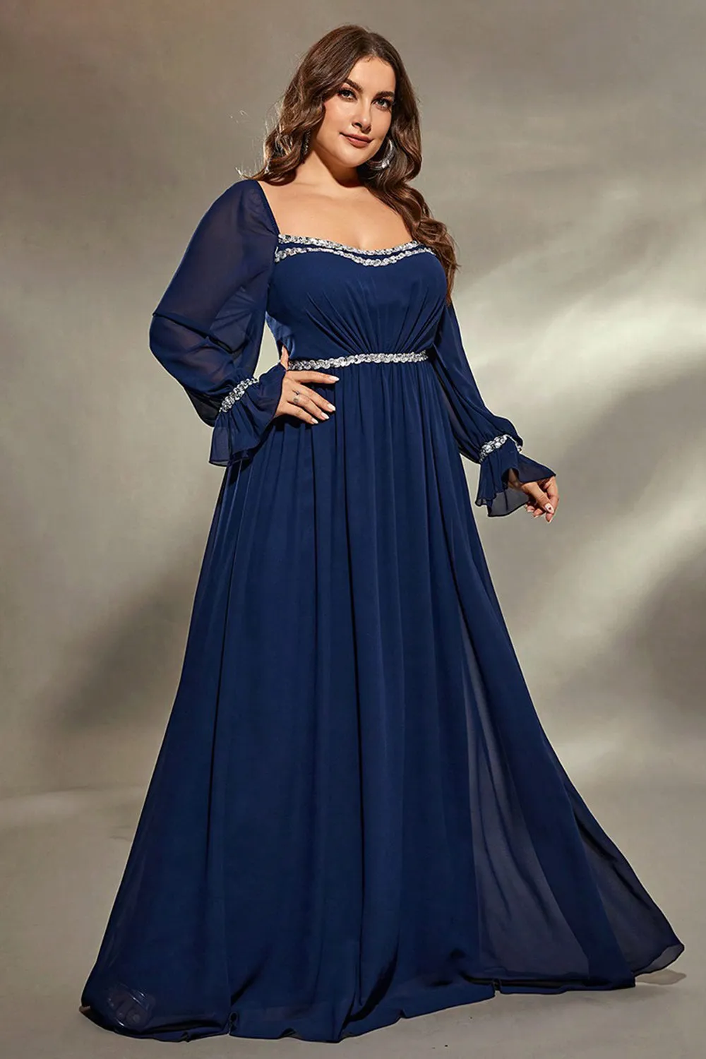 Navy Plus Size Flared Long Sleeves A Line Maxi Dress