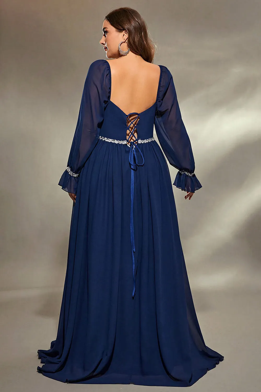 Navy Plus Size Flared Long Sleeves A Line Maxi Dress