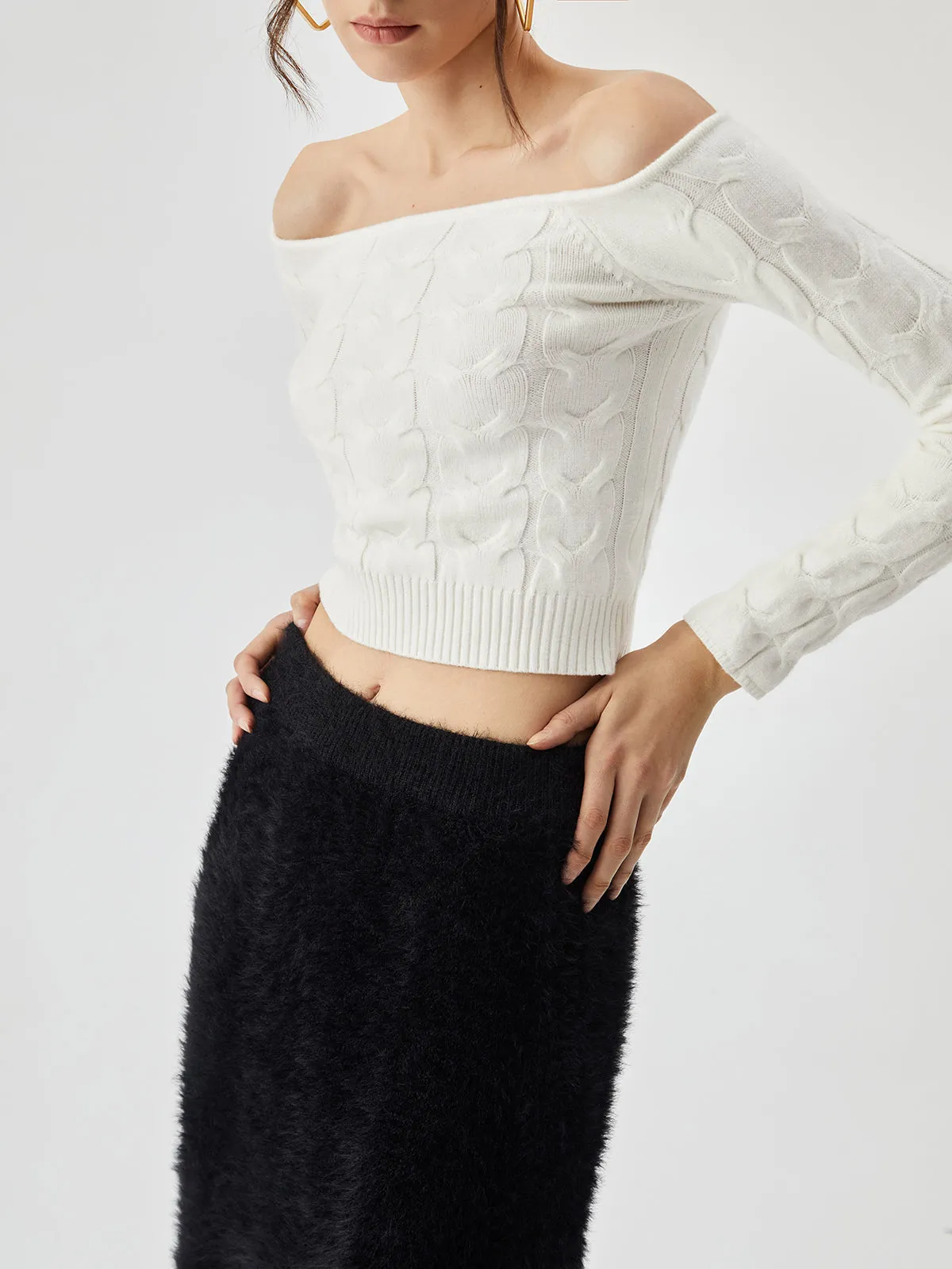 Off Shoulder Long Trendy Sleeve Cable Crop Sweater