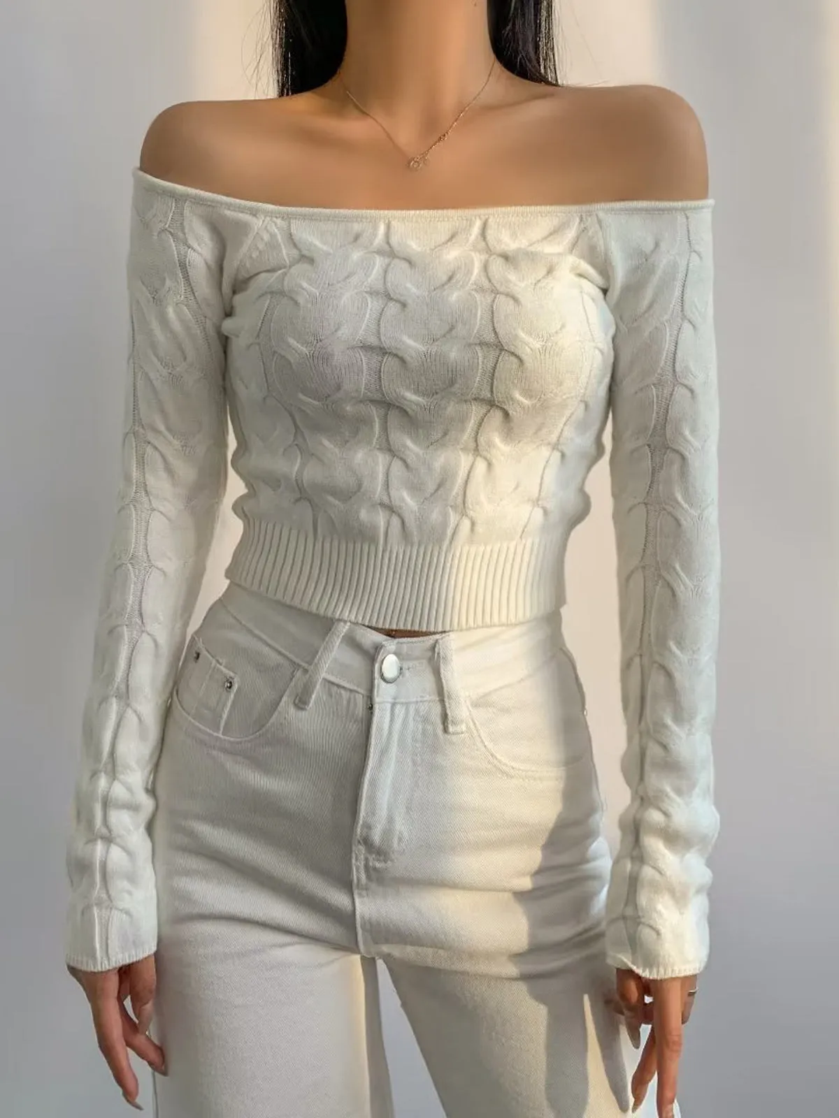 Off Shoulder Long Trendy Sleeve Cable Crop Sweater