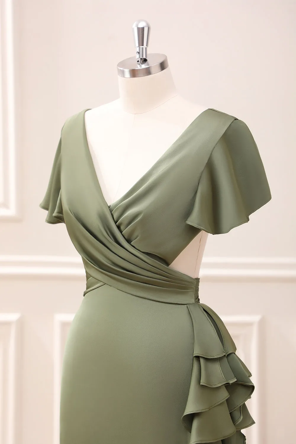 Olive Asymmetrical V Neck Satin Sheath Tea-Length Dress with Ruffles