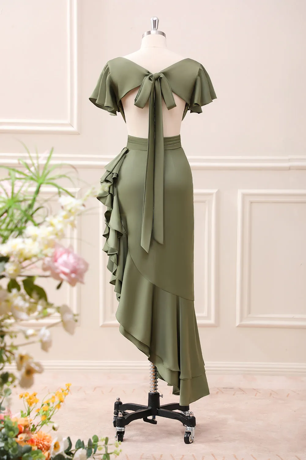 Olive Asymmetrical V Neck Satin Sheath Tea-Length Dress with Ruffles