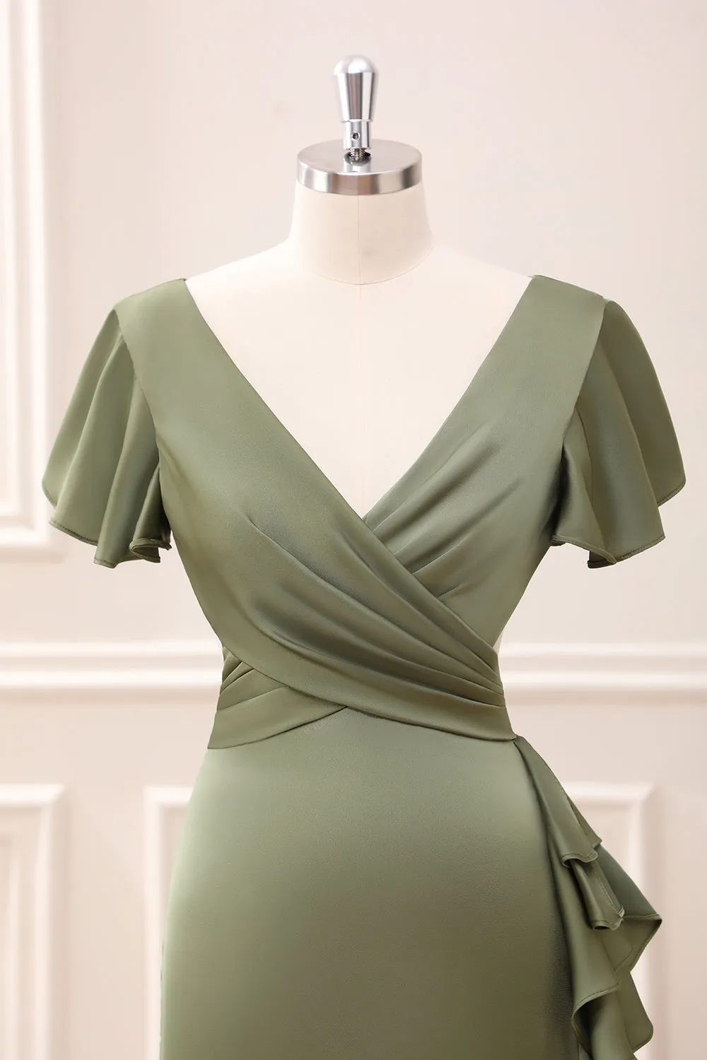 Olive Asymmetrical V Neck Satin Sheath Tea-Length Dress with Ruffles