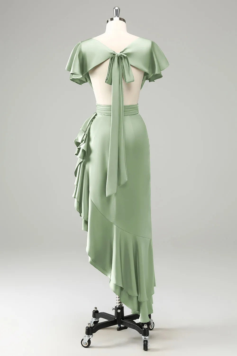 Olive Asymmetrical V Neck Satin Sheath Tea-Length Dress with Ruffles