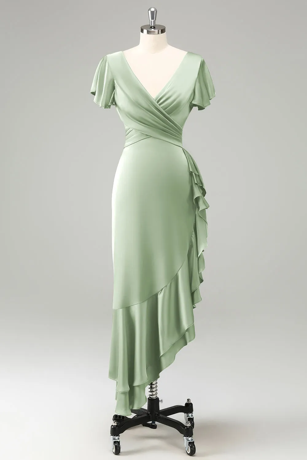 Olive Asymmetrical V Neck Satin Sheath Tea-Length Dress with Ruffles