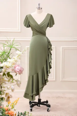 Olive Asymmetrical V Neck Satin Sheath Tea-Length Dress with Ruffles