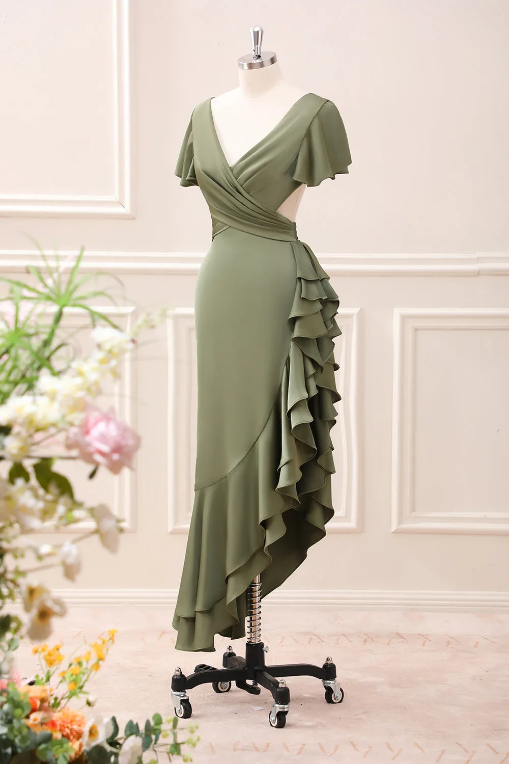 Olive Asymmetrical V Neck Satin Sheath Tea-Length Dress with Ruffles