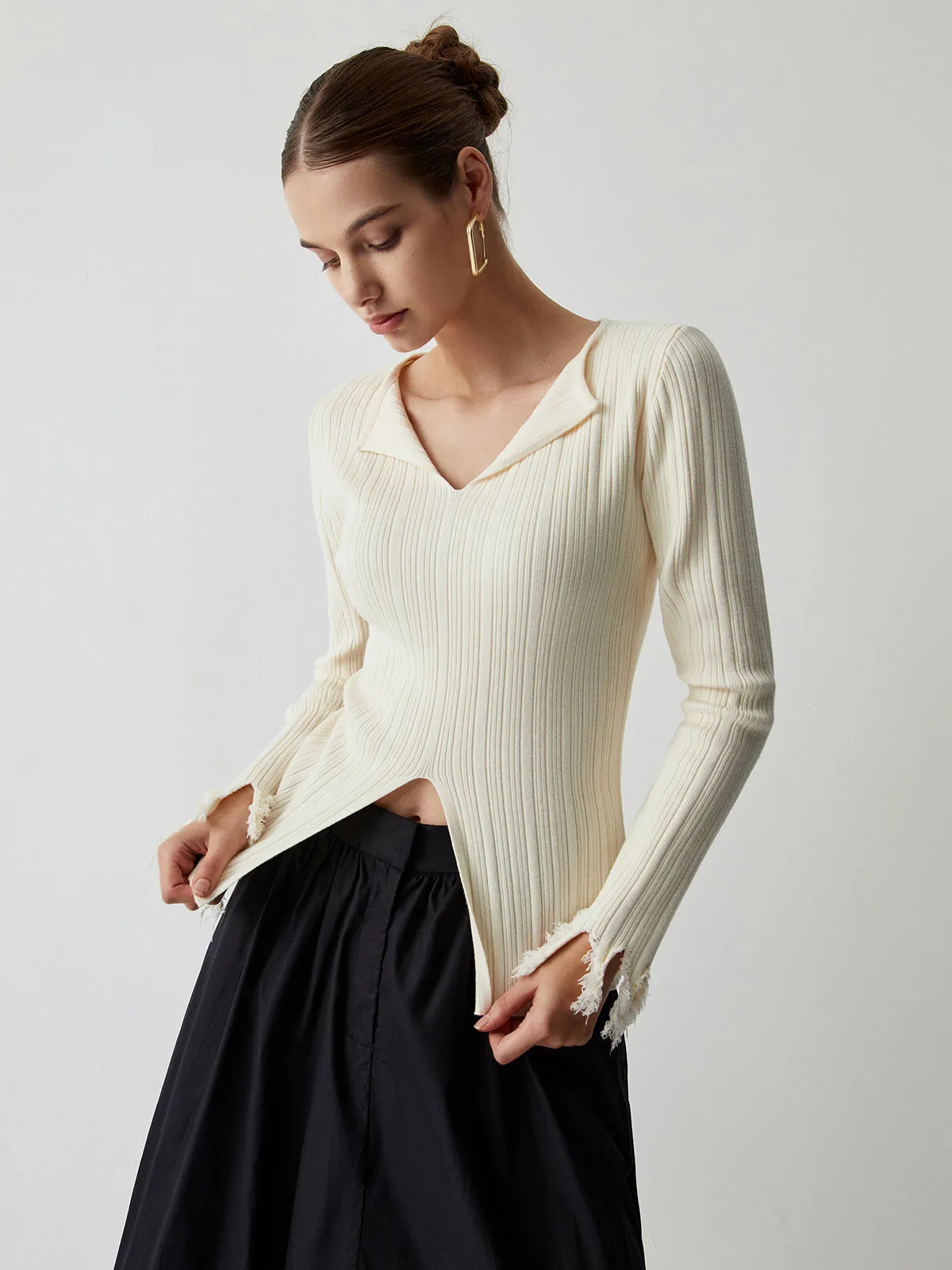 Open Collar Long Trendy Sleeve Curved Knit Top