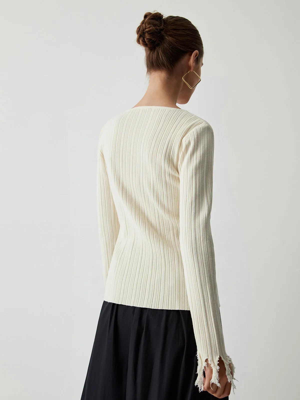 Open Collar Long Trendy Sleeve Curved Knit Top