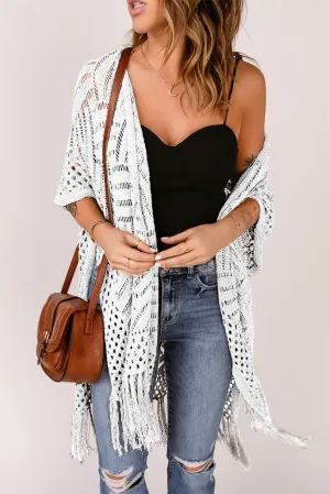 Openwork Open Front Cardigan with Fringes