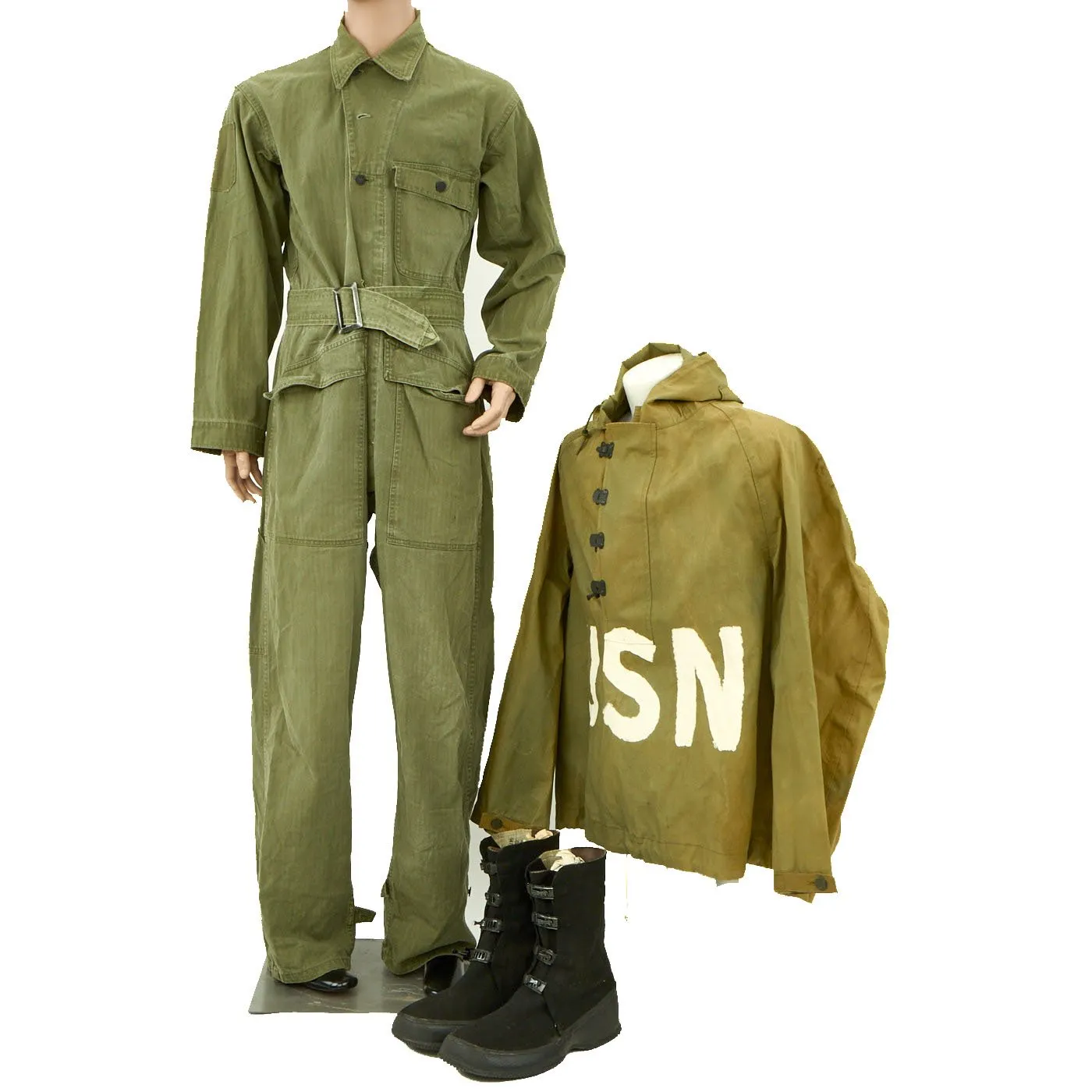 Original U.S. WWII Navy Amphibious Personnel USN Painted Wet Weather Parka - Coveralls - Arctic Overboots - As Seen In Book