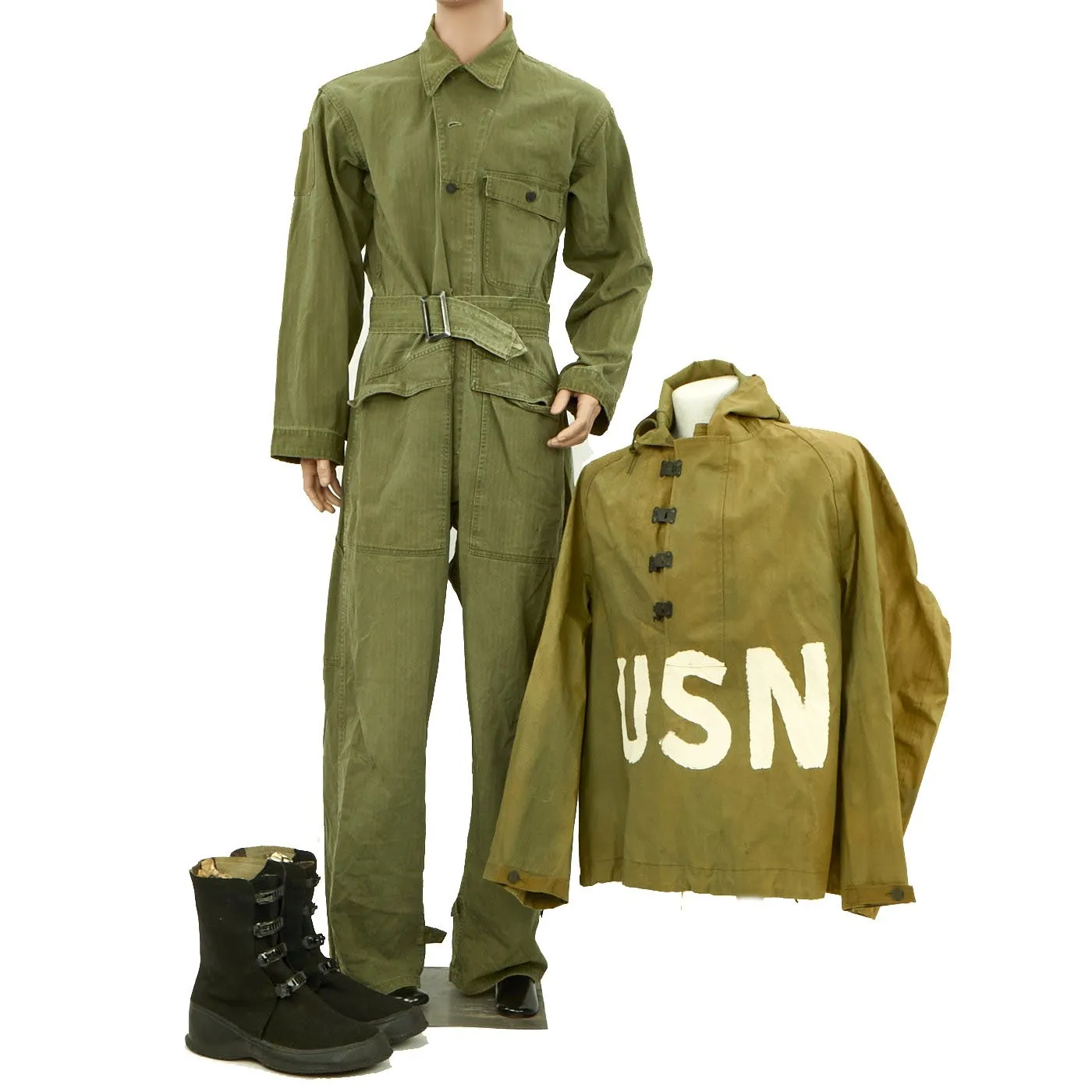 Original U.S. WWII Navy Amphibious Personnel USN Painted Wet Weather Parka - Coveralls - Arctic Overboots - As Seen In Book