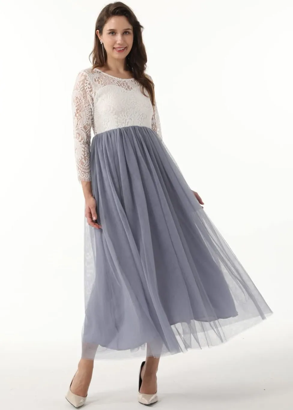 Peony Lace Dress for Women in Bluish Gray