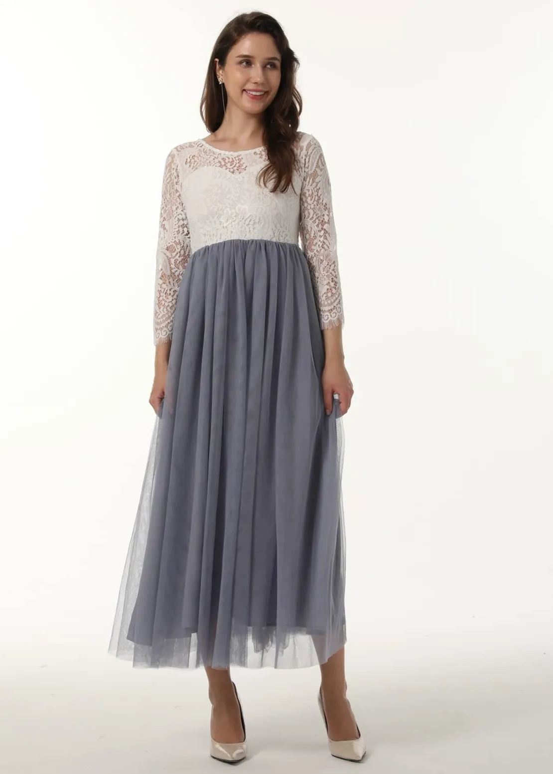 Peony Lace Dress for Women in Bluish Gray