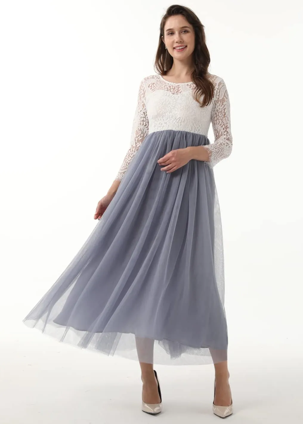 Peony Lace Dress for Women in Bluish Gray