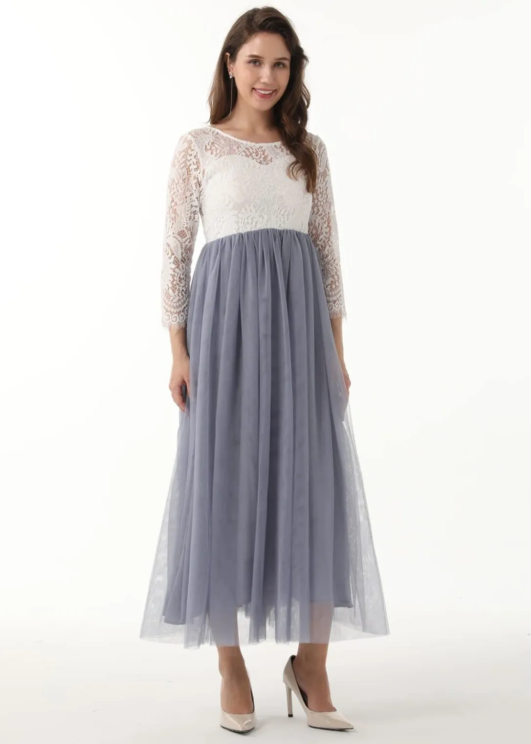 Peony Lace Dress for Women in Bluish Gray