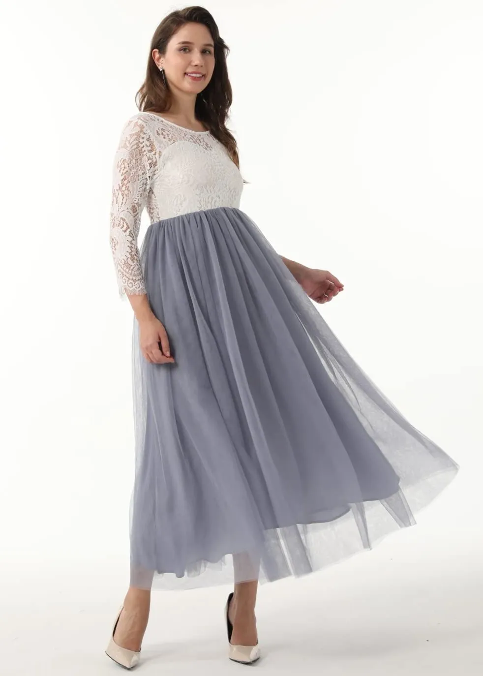 Peony Lace Dress for Women in Bluish Gray