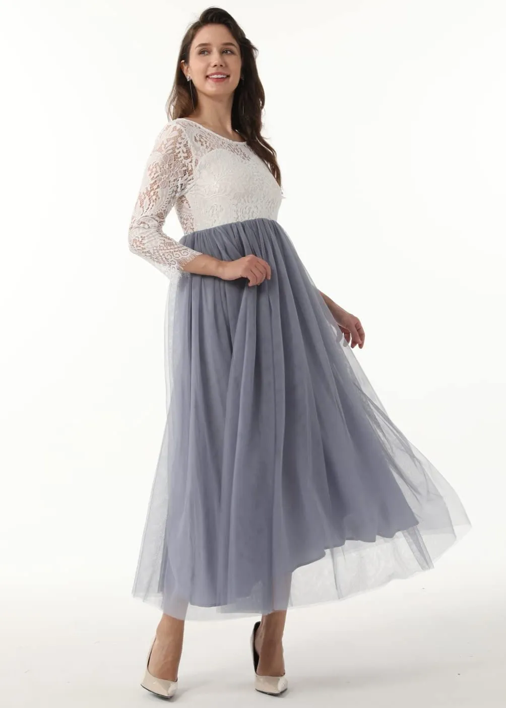 Peony Lace Dress for Women in Bluish Gray