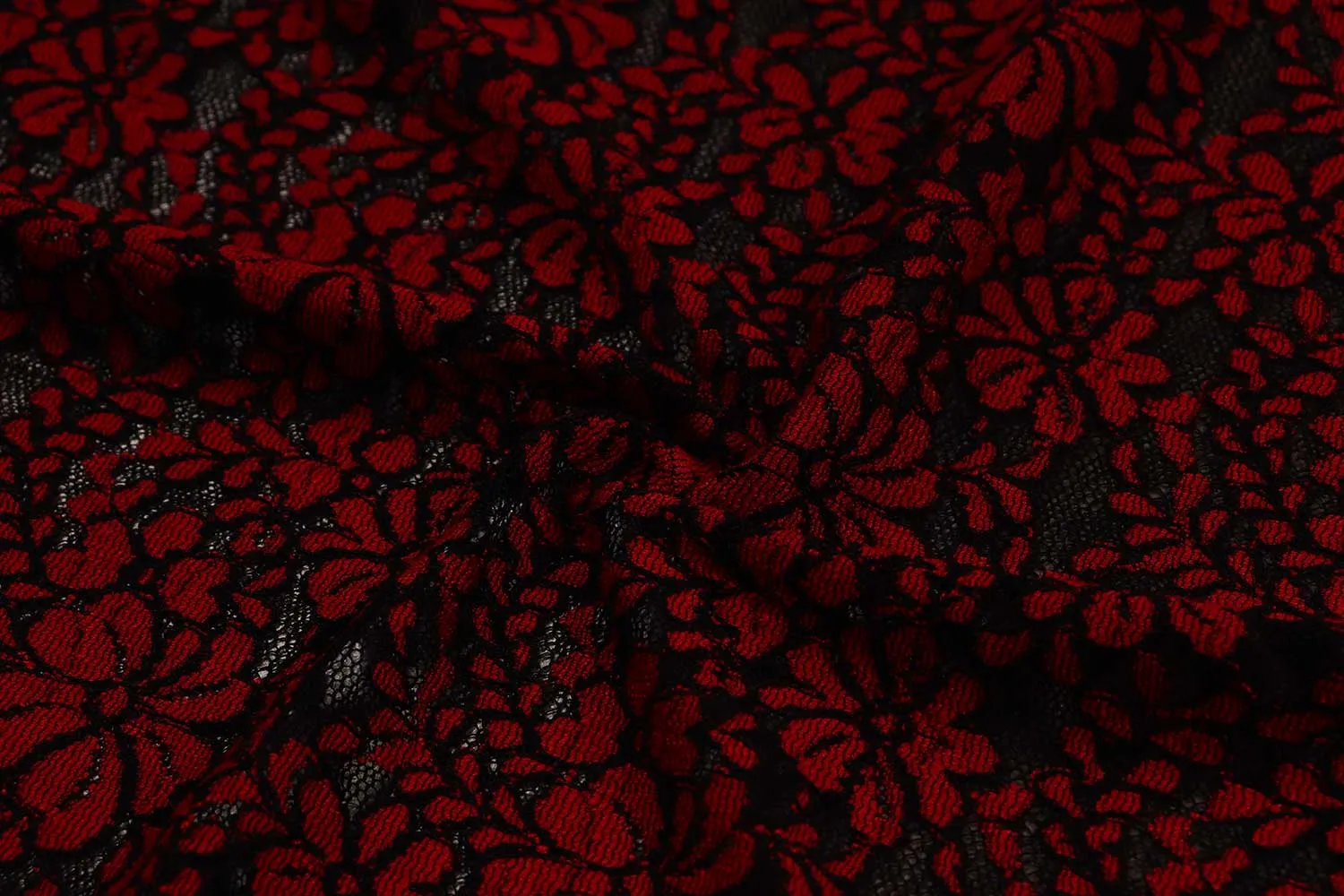 Red & Black Floral Lace Polyester Fabric