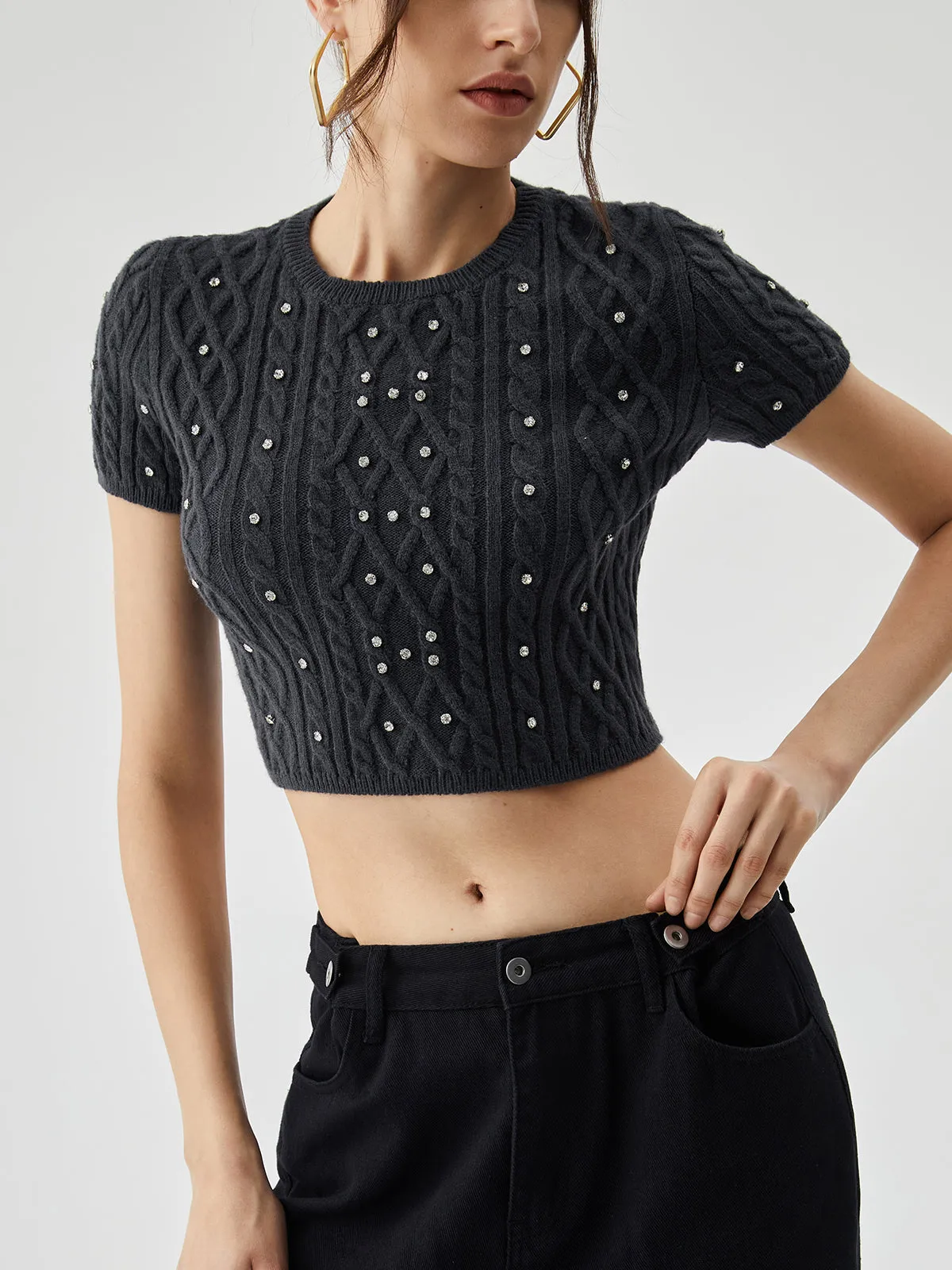 Rhinestones Decor Cable Trendy Knit Crop Top