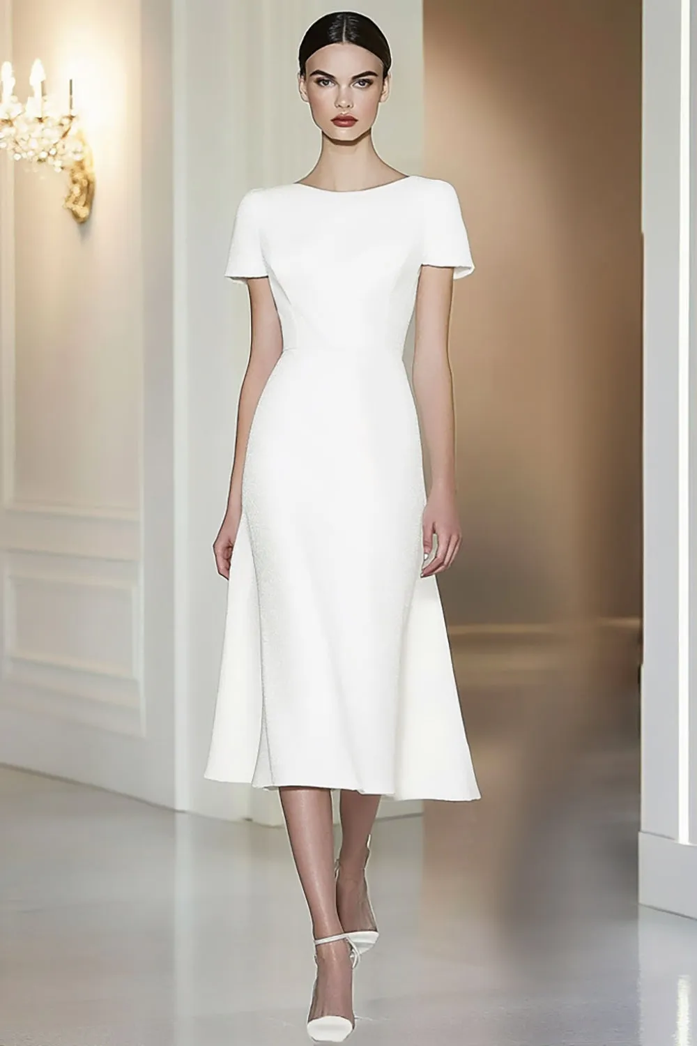 Round Neck White Tea-Length Formal Dress with Short Sleeves