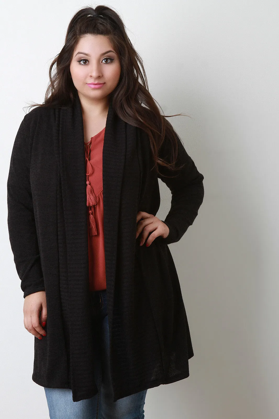 Shawl Collar Open Front Longline Cardigan