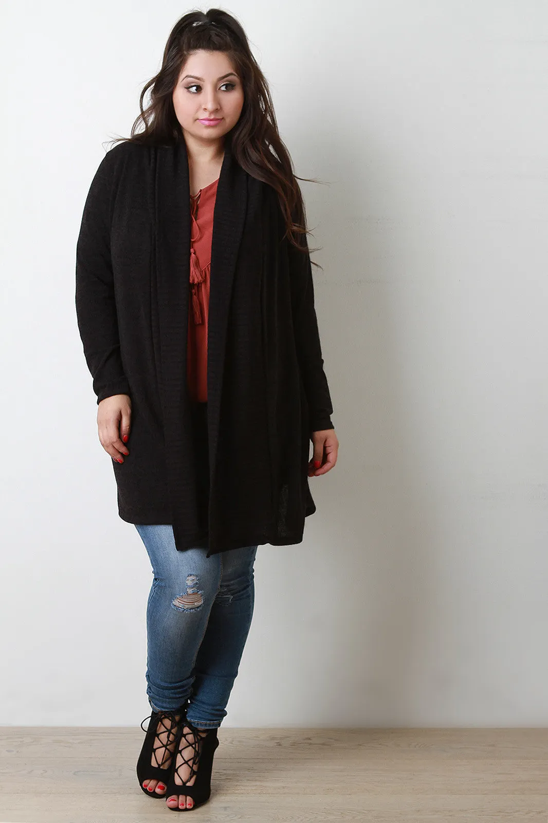 Shawl Collar Open Front Longline Cardigan