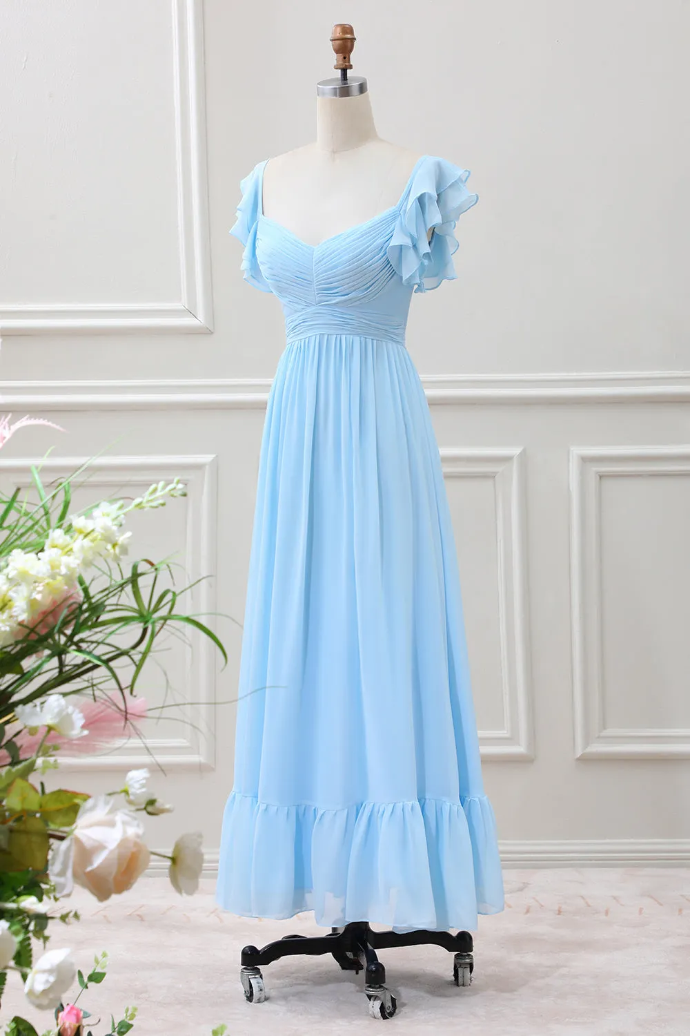 Sky Blue A Line Chiffon Tea-Length Dress with Ruffle Sleeves