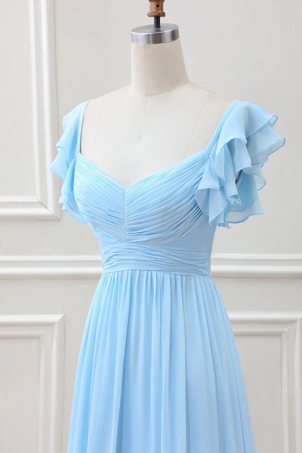 Sky Blue A Line Chiffon Tea-Length Dress with Ruffle Sleeves