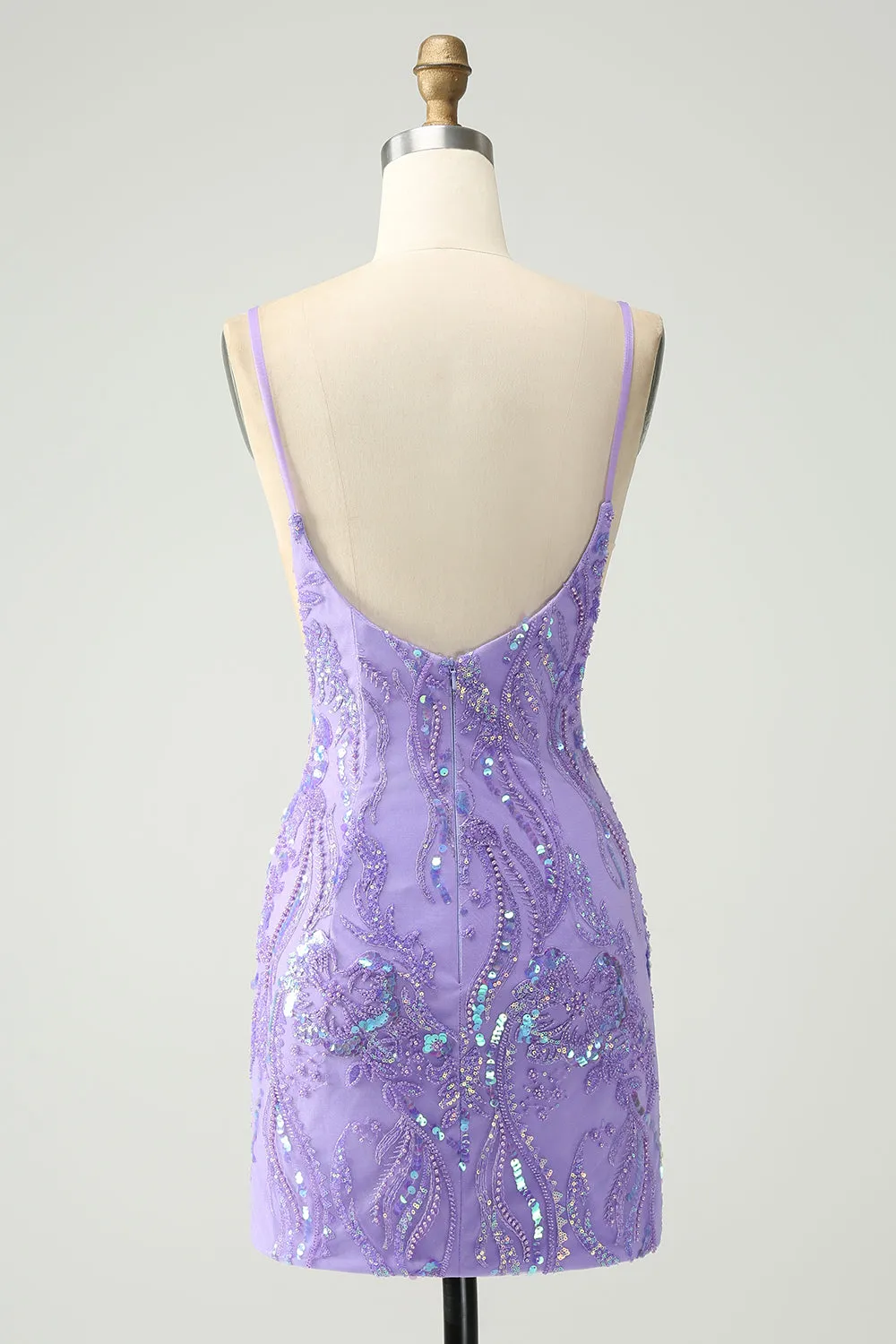 Sparkly Purple Spaghetti Straps Tight Mini Dress with Sequins