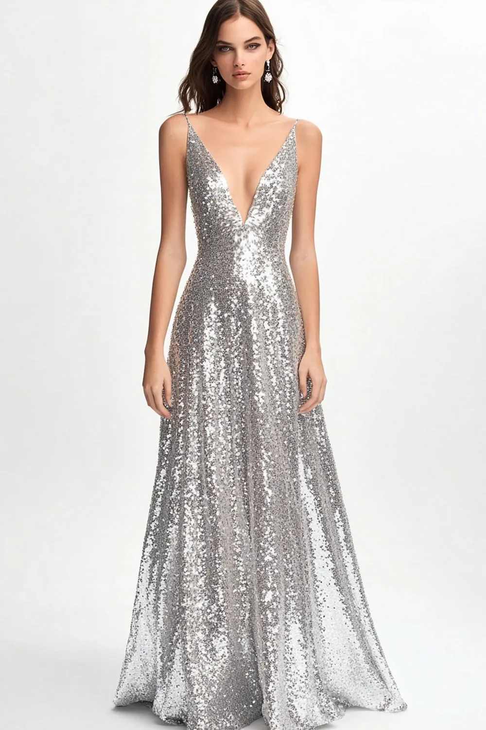 Sparkly V Neck A Line Silver Formal Dress