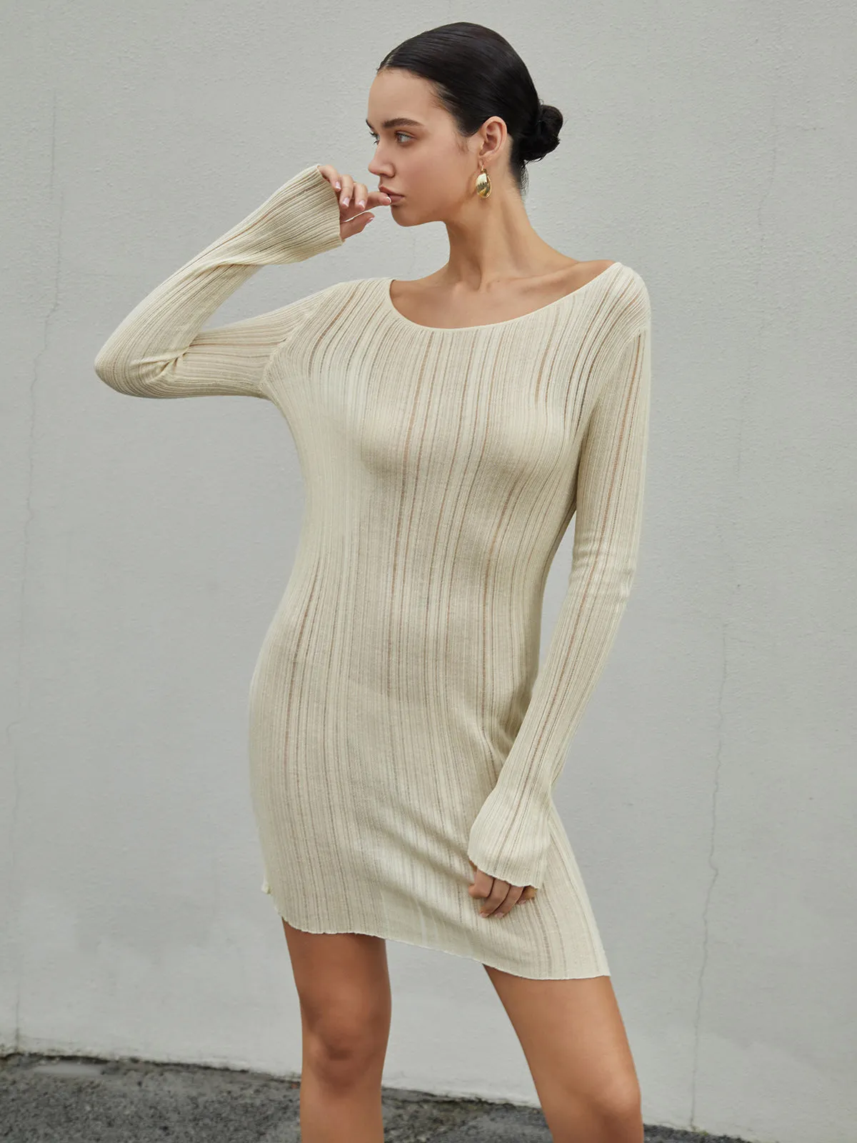 Strip Eyelet Texture Trendy Sweater Short Dress